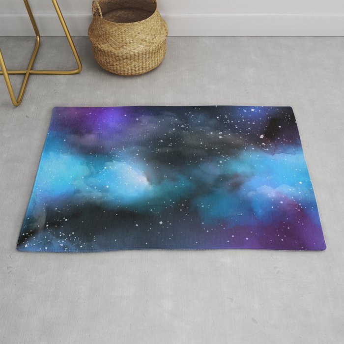 Navy Blue Purple Glitter Cosmo Watercolor Galaxy Painting Rug By
