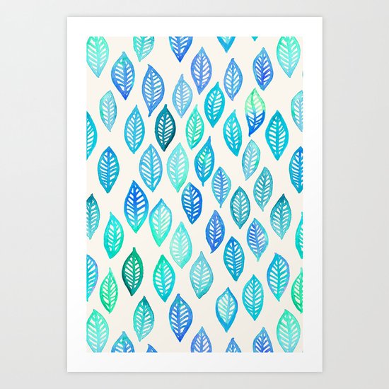 Watercolor Leaf Pattern in Blue & Turquoise Art Print