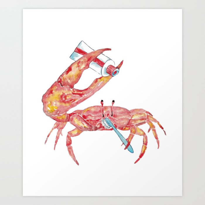 Crab brushing teeth bath watercolor Art Print