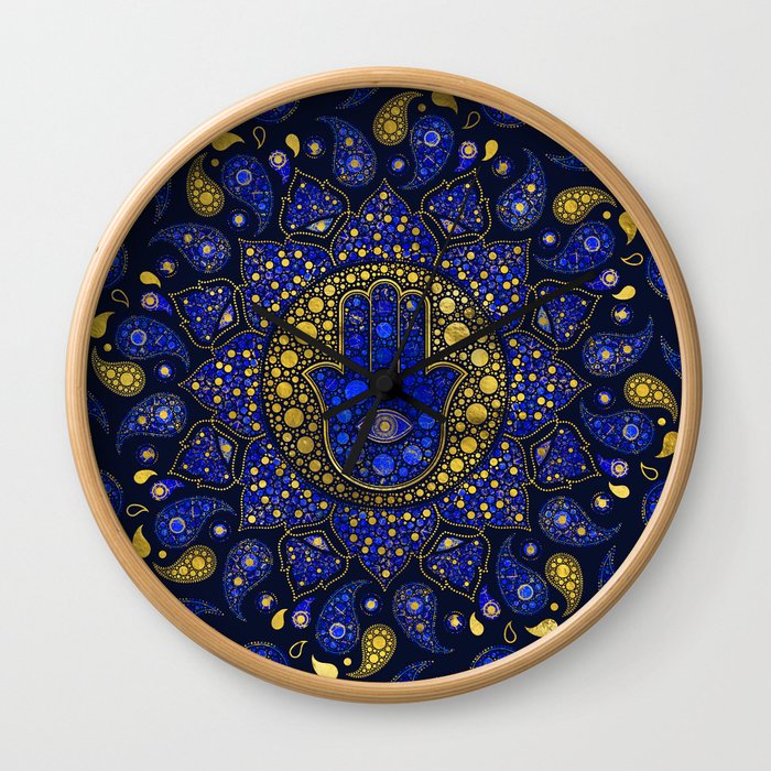 Hamsa Hand -Hand of Fatima Dot Art Lapis Lazuli and gold Wall Clock