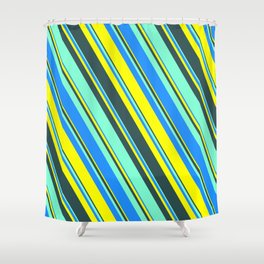 [ Thumbnail: Blue, Yellow, Dark Slate Gray, and Aquamarine Colored Lines Pattern Shower Curtain ]