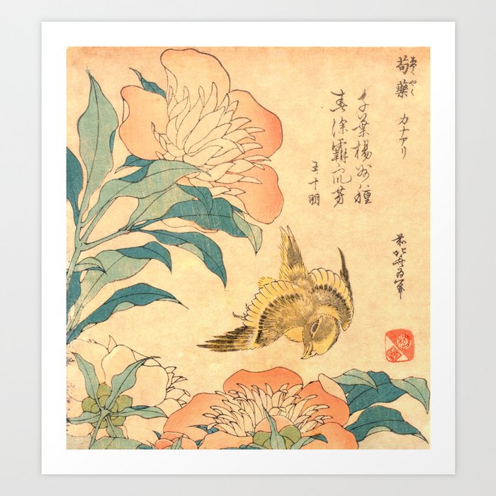 Peonies and Canary by Hokusai : Peach Japanese Floral Art Print