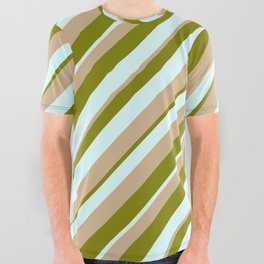 [ Thumbnail: Green, Light Cyan & Tan Colored Pattern of Stripes All Over Graphic Tee ]