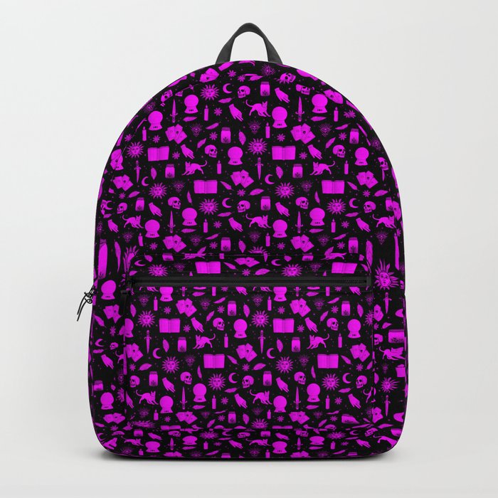 Small Bright Dayglo Pink Halloween Motifs Skulls, Spells & Cats on Spooky Black Backpack