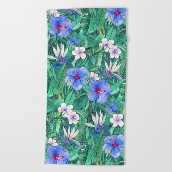White Bird of Paradise & Blue Hibiscus Tropical Garden Beach Towel
