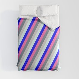 [ Thumbnail: Colorful Hot Pink, Slate Gray, Light Grey, Light Cyan & Blue Colored Striped Pattern Comforter ]