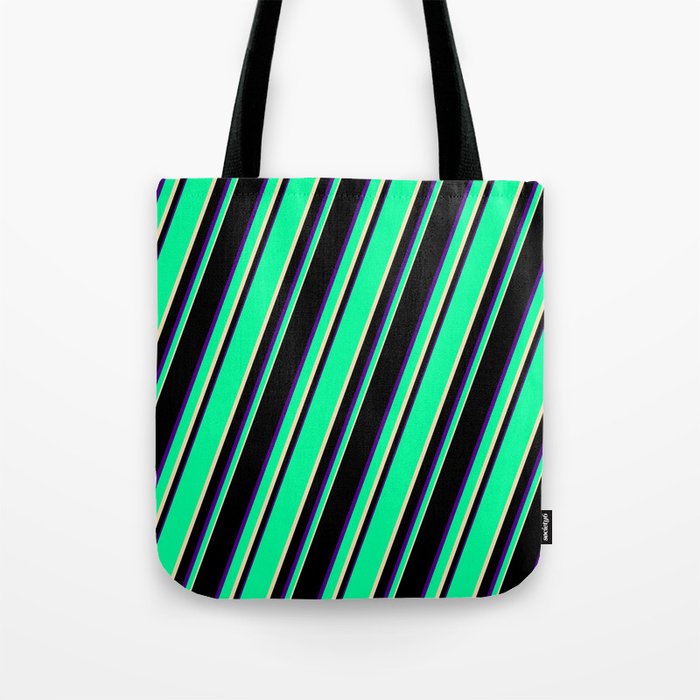 Green, Tan, Black, and Indigo Colored Lines/Stripes Pattern Tote Bag
