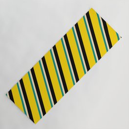 [ Thumbnail: Dark Cyan, Beige, Black & Yellow Colored Stripes/Lines Pattern Yoga Mat ]