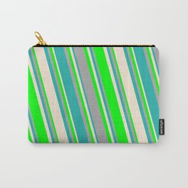 [ Thumbnail: Beige, Lime, Dark Gray, and Light Sea Green Colored Pattern of Stripes Carry-All Pouch ]