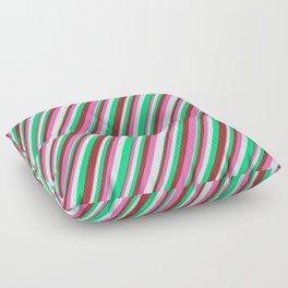 [ Thumbnail: Green, Brown, Hot Pink & Light Cyan Colored Striped Pattern Floor Pillow ]