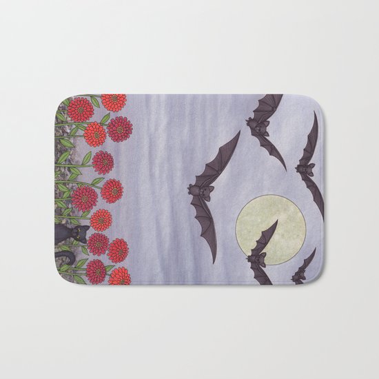 bats, zinnias, and black cat Bath Mat