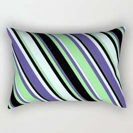 [ Thumbnail: Dark Slate Blue, Light Green, Black, and Light Cyan Colored Lined Pattern Rectangular Pillow ]