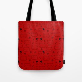 Red and Black Doodle Kitten Faces Pattern Tote Bag
