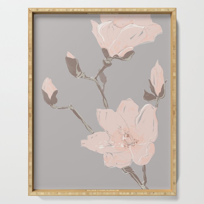 Magnolia flower Japanese minimalism style artwork in retro colors gray Serving Tray