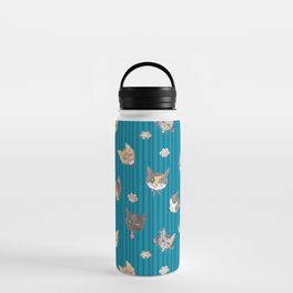 Cats with Paws Pattern/Hand-drawn in Watercolour/Blue Stripe Background Water Bottle