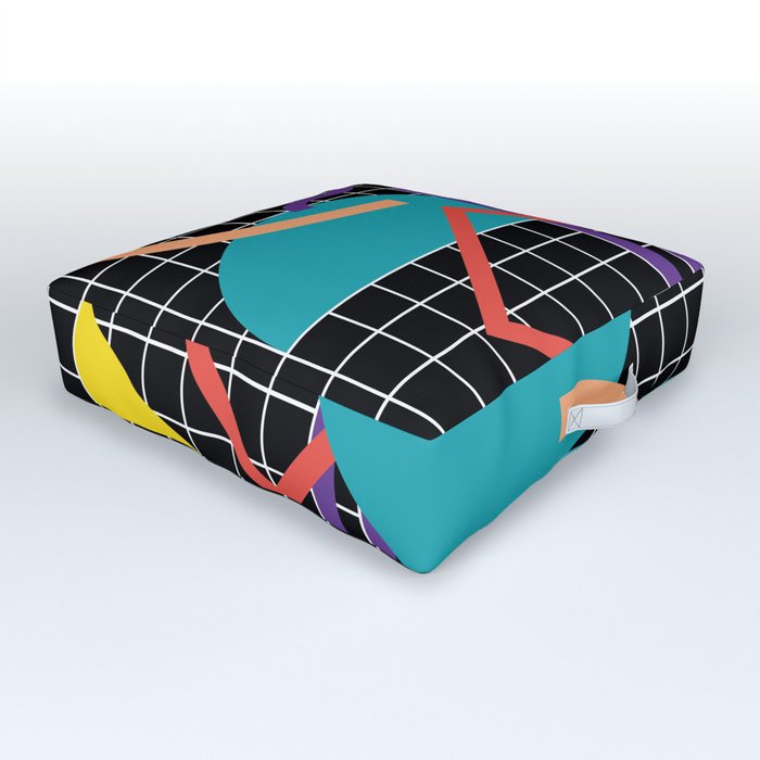 Memphis Pattern - 80s Retro Black Outdoor Floor Cushion