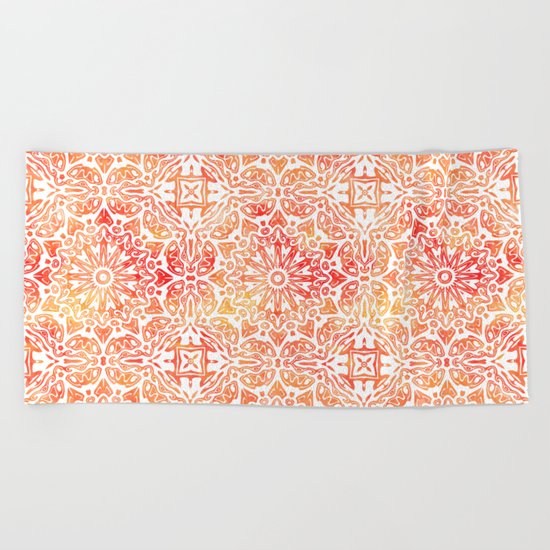 Oriental Watercolor ornament pattern yellow orange Beach Towel