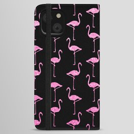 Pink Glitter Flamingo Pattern  |  Black Background iPhone Wallet Case
