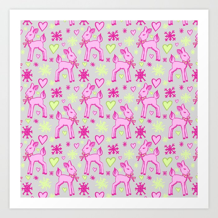 Pink Fawn over Gray with Green Hearts and Snowflakes Art Print