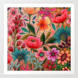 Growing Up Together Art Print | Fall, Coral, Teal, Flowers, Tulip, Daisy, Aqua, Garden, Peggydavis, Yellow 
