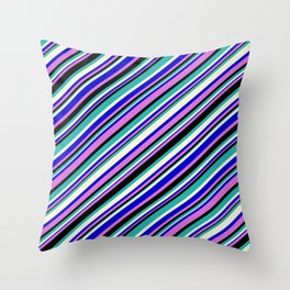 [ Thumbnail: Blue, Orchid, Black, Light Sea Green & Beige Colored Pattern of Stripes Throw Pillow ]