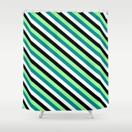 [ Thumbnail: Green, Dark Cyan, White, and Black Colored Lined/Striped Pattern Shower Curtain ]