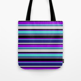 [ Thumbnail: Colorful Dark Violet, Turquoise, Midnight Blue, Light Gray & Black Colored Striped/Lined Pattern Tote Bag ]