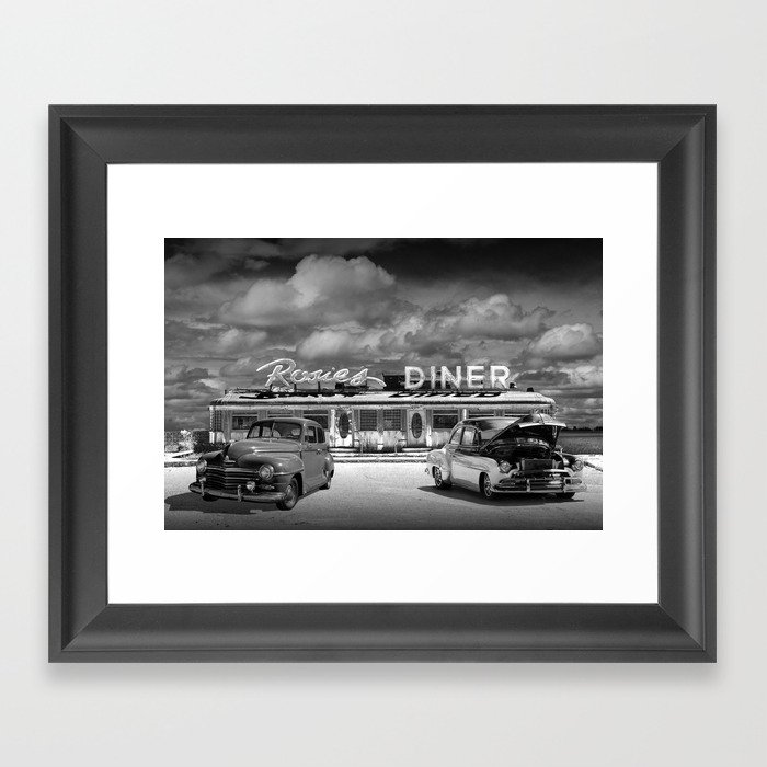 Black & White Photo of Classic Rosie's Diner with Vintage Cars Framed Art Print