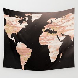 Earth Map Rose Gold Glitter Marble Space Wall Tapestry