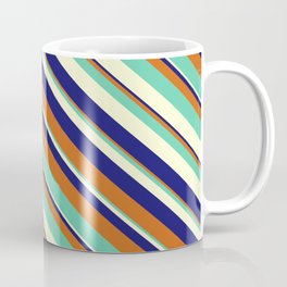 [ Thumbnail: Midnight Blue, Chocolate, Aquamarine & Light Yellow Colored Pattern of Stripes Coffee Mug ]