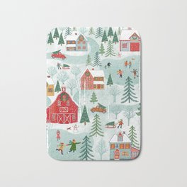 New England Christmas Bath Mat | Pattern, Villiage, Iceskaters, Rural, Ink, Painting, Houses, Nostalgia, Newengland, Barn 