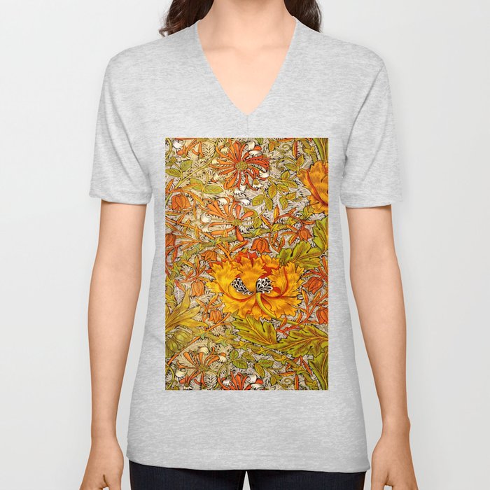 William Morris (British, 1834-1896) - Honeysuckle (Furnishing fabric) - 1876 - Arts and Crafts - Floral pattern - Media: Block-printed Silk - Digitally Enhanced Version - V Neck T Shirt