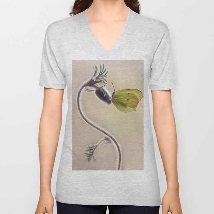 Spring impression with yellow butterfly V Neck T Shirt