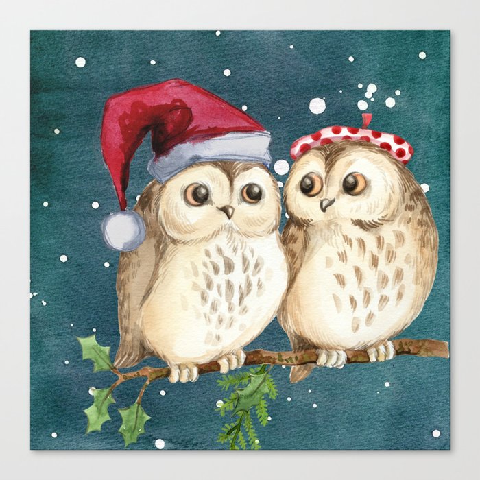 Cute Christmas Winter Owl Couple Painting Canvas Print