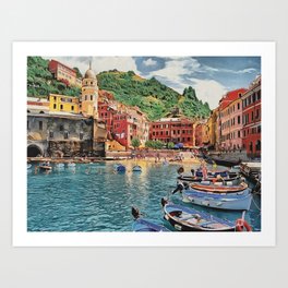 Vernazza on Italian Riviera, sea boats coastal houses, Italy marine nature travel art poster Art Print