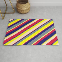 [ Thumbnail: Vibrant Light Slate Gray, Yellow, Bisque, Crimson & Midnight Blue Colored Lines/Stripes Pattern Rug ]