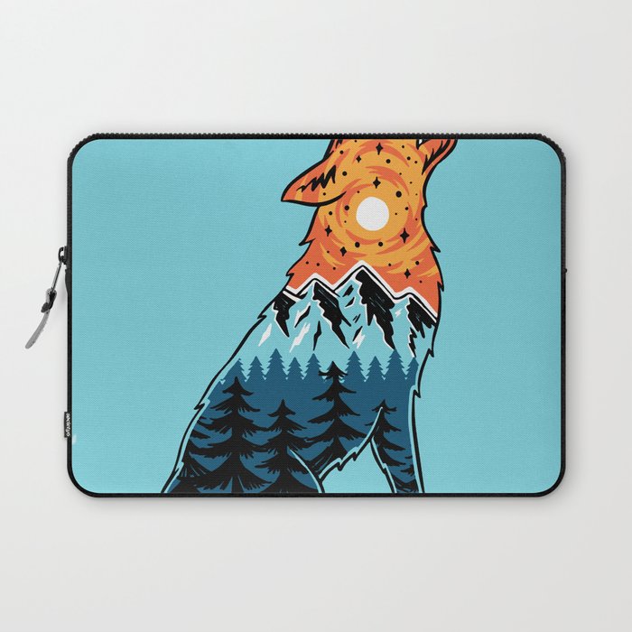 Vector Illustration Howling Wolf Mountain Landscape Laptop Sleeve