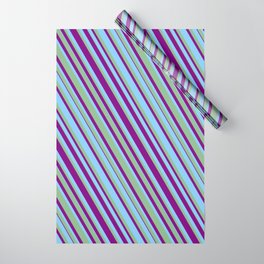 [ Thumbnail: Purple, Light Sky Blue & Dark Sea Green Colored Lined/Striped Pattern Wrapping Paper ]