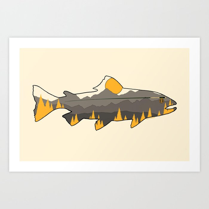 Fly Fishing Golden Mountain Trout Outline Art Print by Hannah