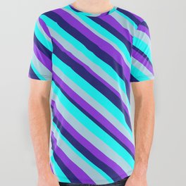 [ Thumbnail: Midnight Blue, Aqua, Light Blue, and Purple Colored Lined/Striped Pattern All Over Graphic Tee ]