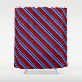 [ Thumbnail: Blue and Dark Red Colored Stripes Pattern Shower Curtain ]