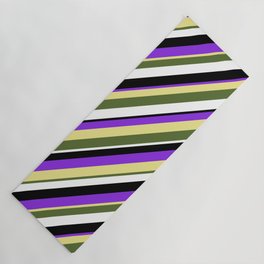 [ Thumbnail: Vibrant Purple, Tan, Dark Olive Green, White & Black Colored Lined/Striped Pattern Yoga Mat ]
