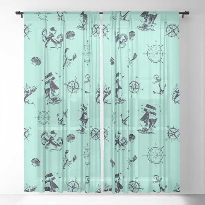 Mint Blue And Blue Silhouettes Of Vintage Nautical Pattern Sheer Curtain