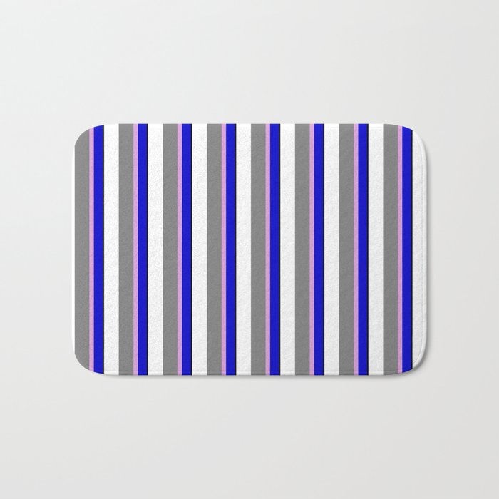 Eyecatching Blue, Plum, Grey, White, and Black Colored Lines Pattern Bath Mat