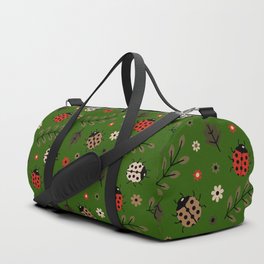 Ladybug and Floral Seamless Pattern on Green Background Duffle Bag