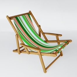 [ Thumbnail: Dark Green, Dark Salmon, Lime Green, and Light Cyan Colored Striped/Lined Pattern Sling Chair ]