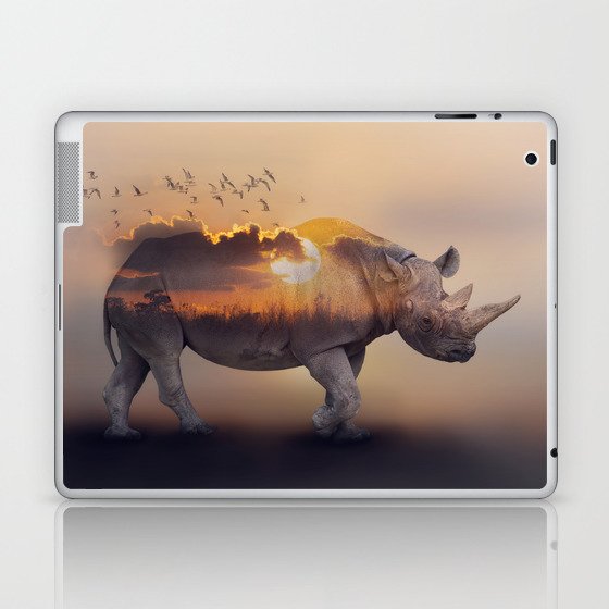 Double Exposure Effect of Rhinoceros at Sunset Laptop & iPad Skin