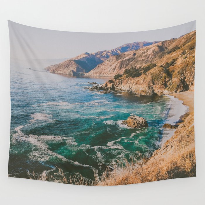 blue water on golden california coast Wall Tapestry