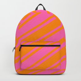 [ Thumbnail: Dark Orange & Hot Pink Colored Striped/Lined Pattern Backpack ]