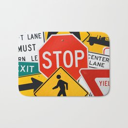 Road Traffic Sign Collage Bath Mat | Safety, Digital, Stop, Yellow, Traffic, Driving, Trafficsign, Warning, Roadsign, Stopsign 